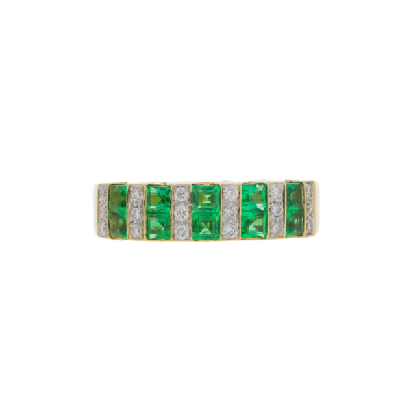 Emerald two row and diamond half eternity dress ring, 18ct yellow gold mount