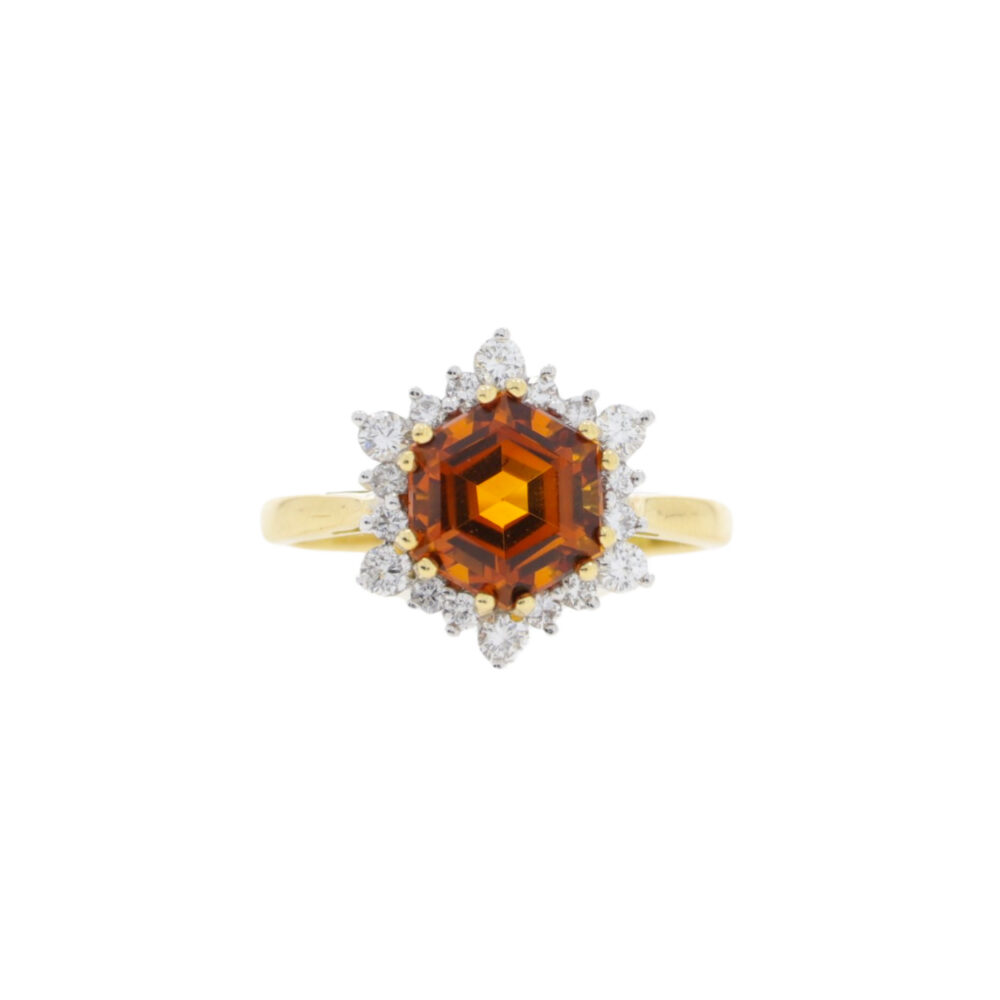 Citrine and diamond hexagonal cluster ring, 18ct yellow gold mount