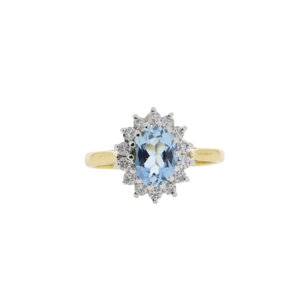 Aquamarine and diamond cluster ring, 18ct yellow gold mount