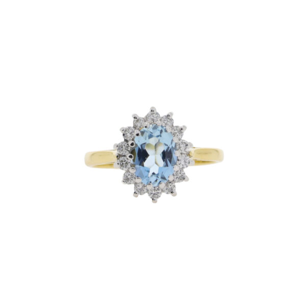 Aquamarine and diamond cluster ring, 18ct yellow gold mount