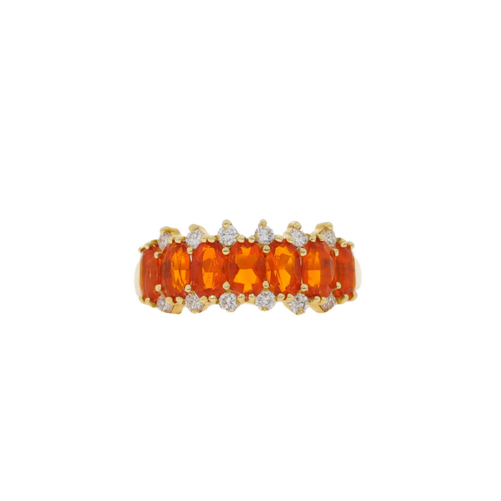 Fire opal and diamond three row dress ring, 18ct yellow gold mount